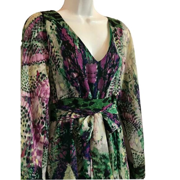 RAMPAGE Midi Dress Womens M Bold Sheer Mixed Animal Print Flair L/Sleeves Belted - Picture 2 of 11